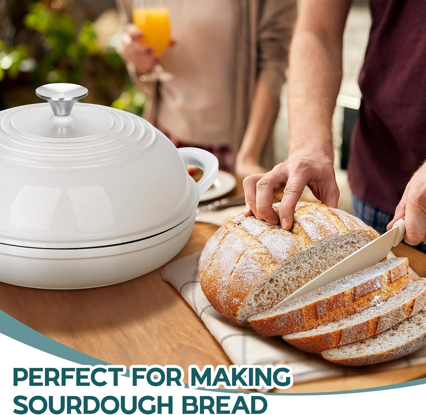 E-far Dutch Oven for Sourdough Bread Baking, 6 Qt Round Enameled Cast Iron Dutch Oven for Homemade Artisan Bread, Dome Lid & Shallow Base, Matte Black Interior & Durable, Oven-Safe to 500℉, White