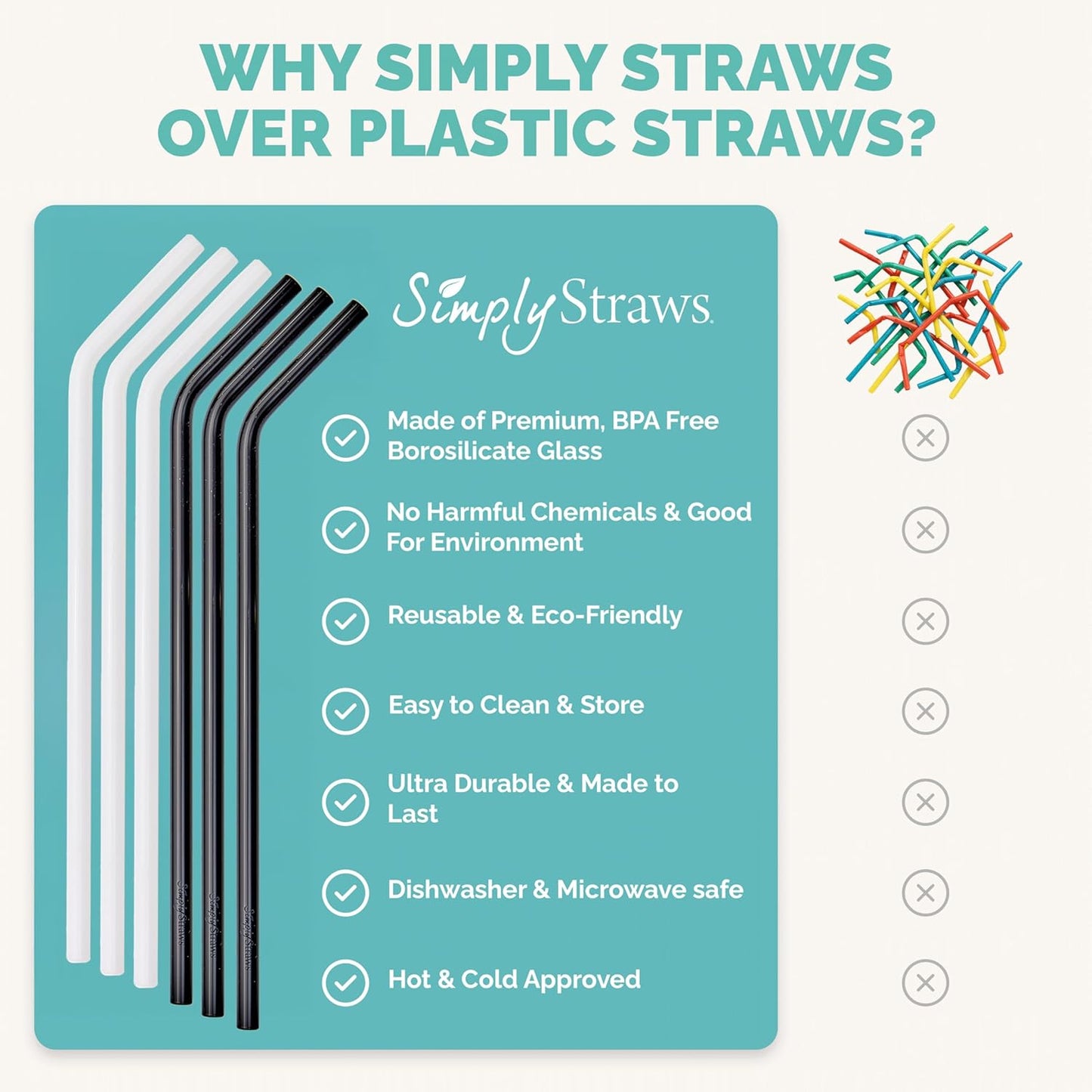 Simply Straws 12 Inch Glass Straws Bent (6-Pack) – Reusable Glass Straws for Stanley 40 Oz Tumbler, with Cleaning Brush – Durable, Dishwasher Safe, Hot & Cold Use, BPA-Free (Marble)