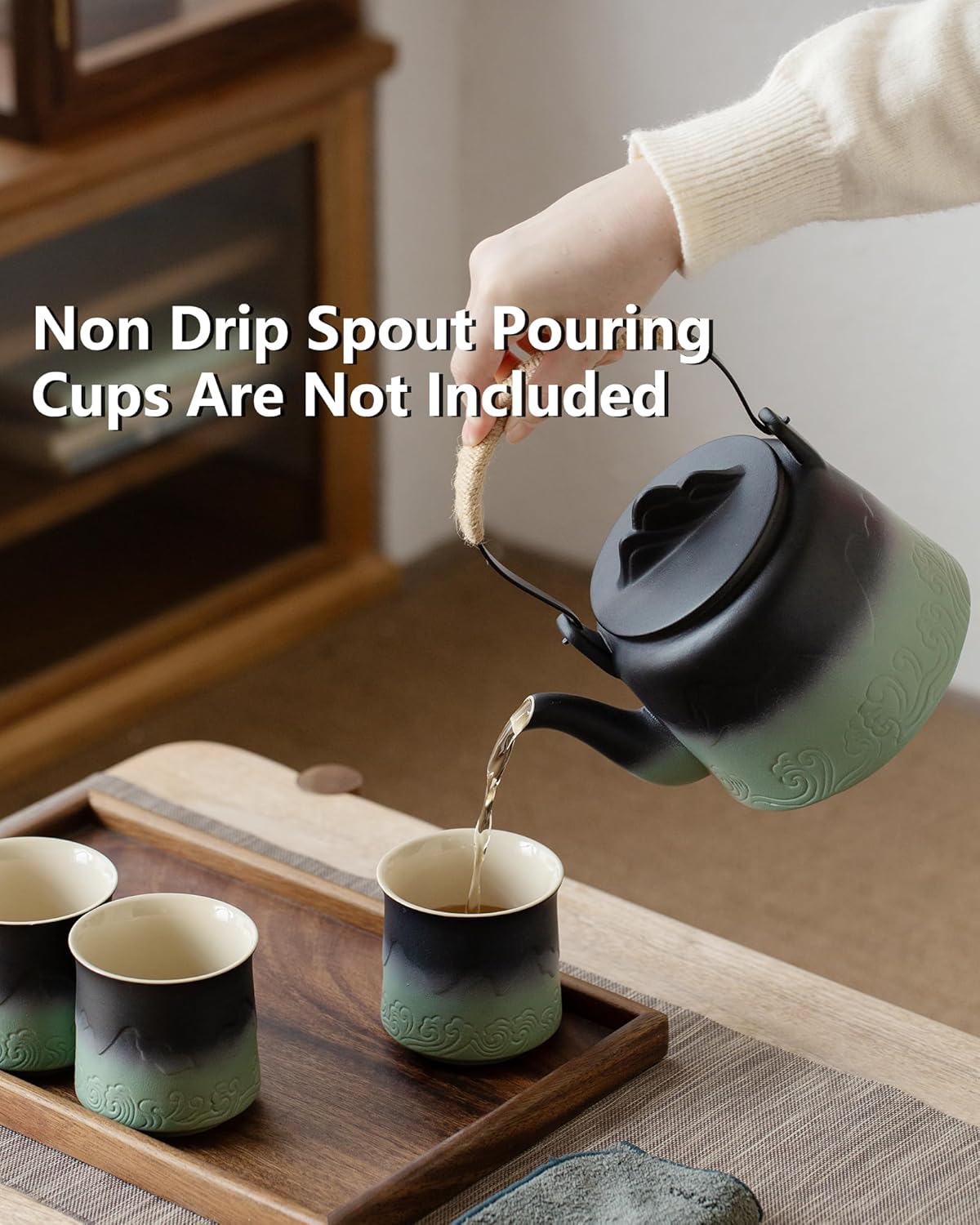 ZENS Vintage Japanese Teapot, 33.8 oz Embossed Ceramic Loose Leaf Teapot with Built-in Strainer for Hot Tea Steeper, Hemp Rope Handle Japanese Tea Brewer Pot for Tea Lovers Gifts