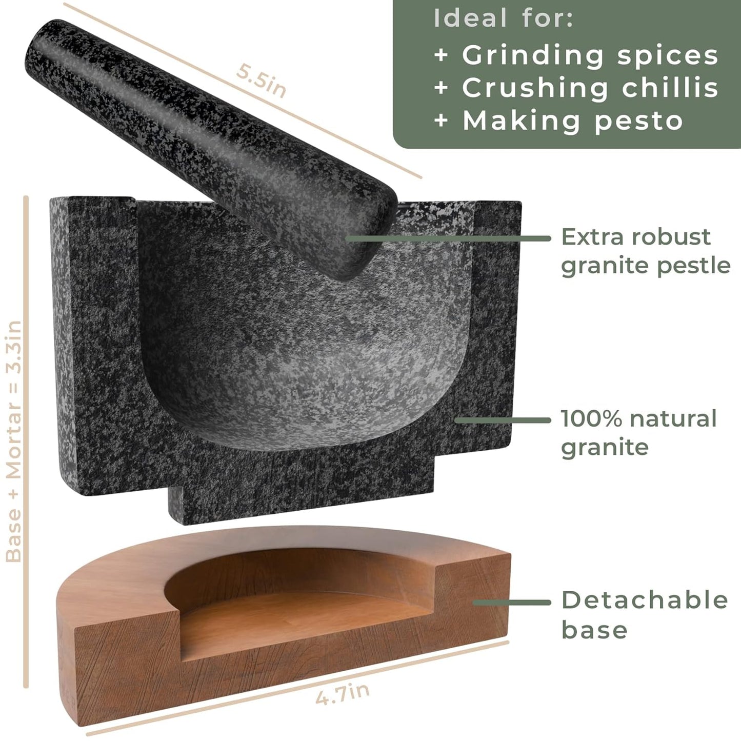 WALDWERK Mortar and Pestle - Mortar and Pestle Set with Anti-Scratch Acacia Wood Base - Mortar with Extra Large Pestle Out of Natural Granite - Large Mortar and Pestle - Perfect for Guacamole