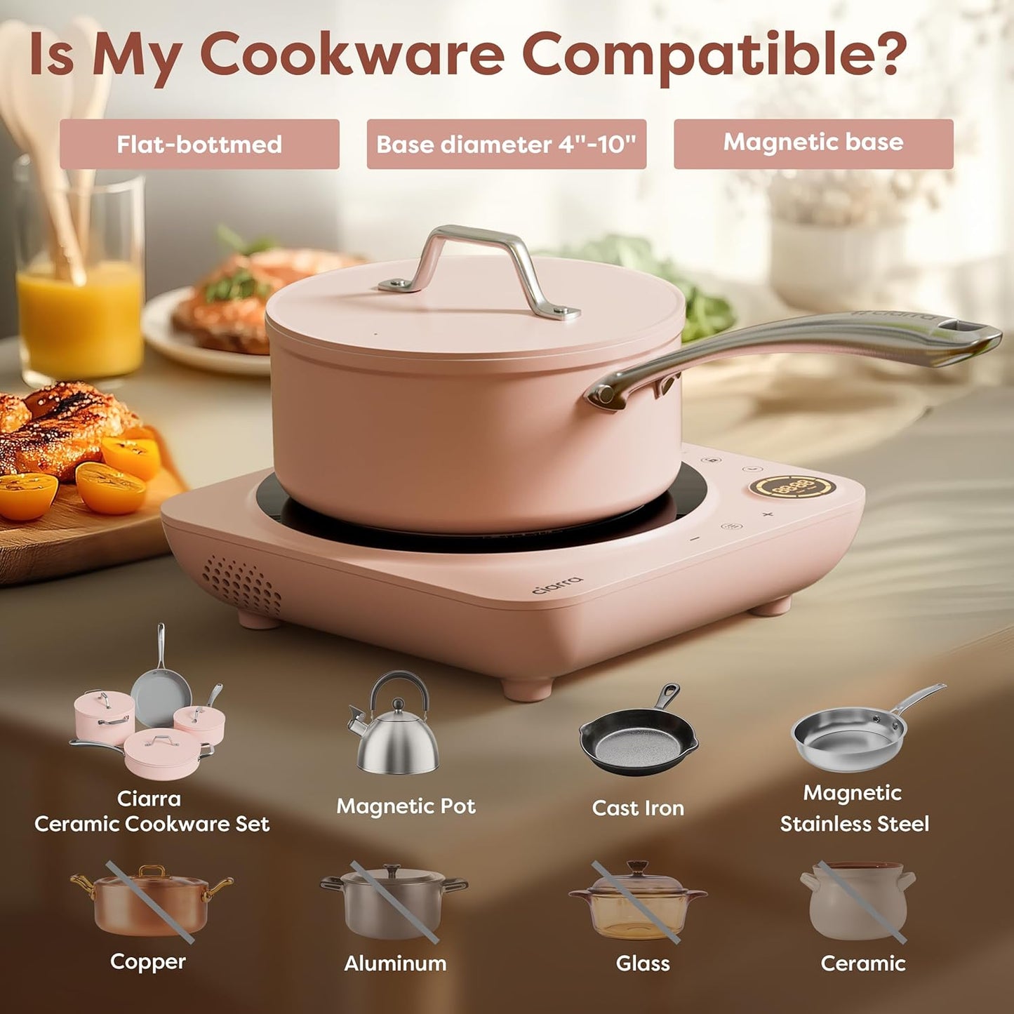 CIARRA Portable Induction Cooktop – Slim Single Burner Electric Cooktop with Sensor Touch, Digital Timer & Safety Lock, Portable Stove Top Electric for Countertop Cooking, Induction Cooker, Pink