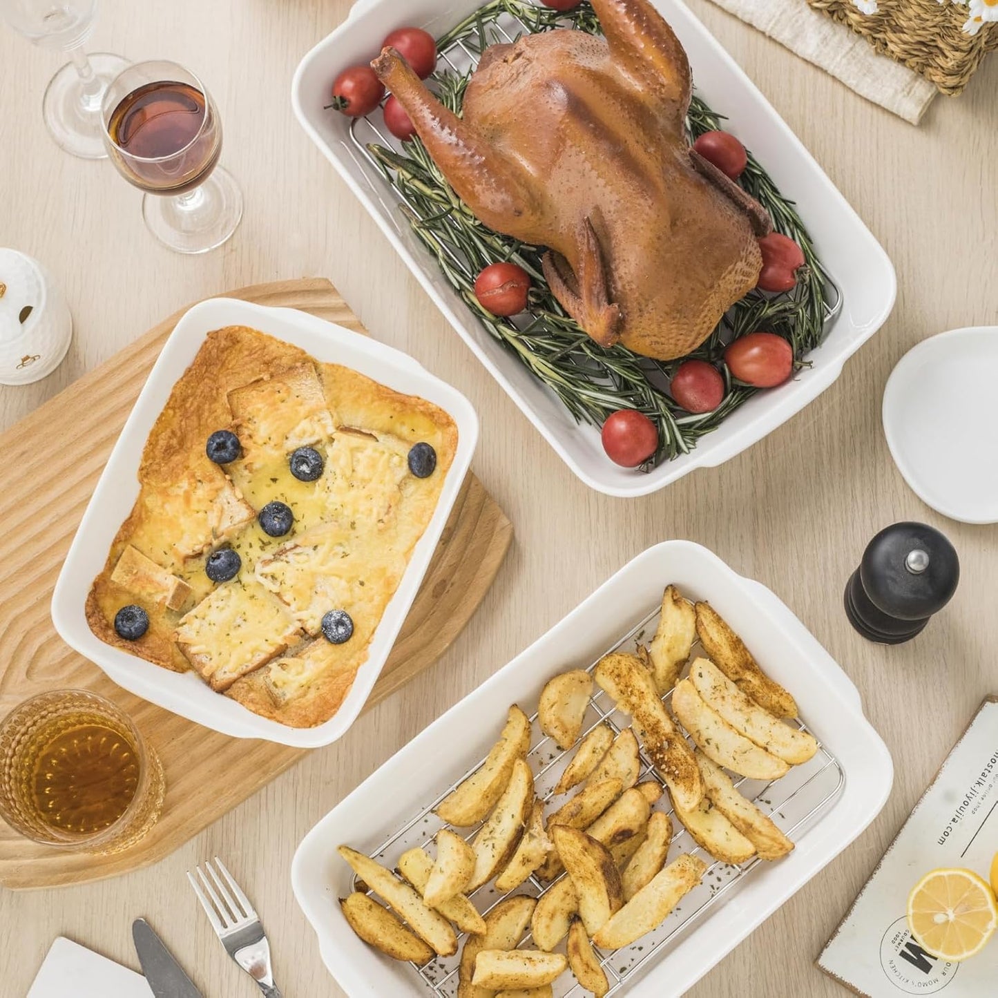 4.2 QT White Casserole Dishes for Oven, Baking dishes with Roasting Racks, Rectangular Lasagna Pan with Handles for Baking, Ceramic Baking Pan, Microwave Oven Safe