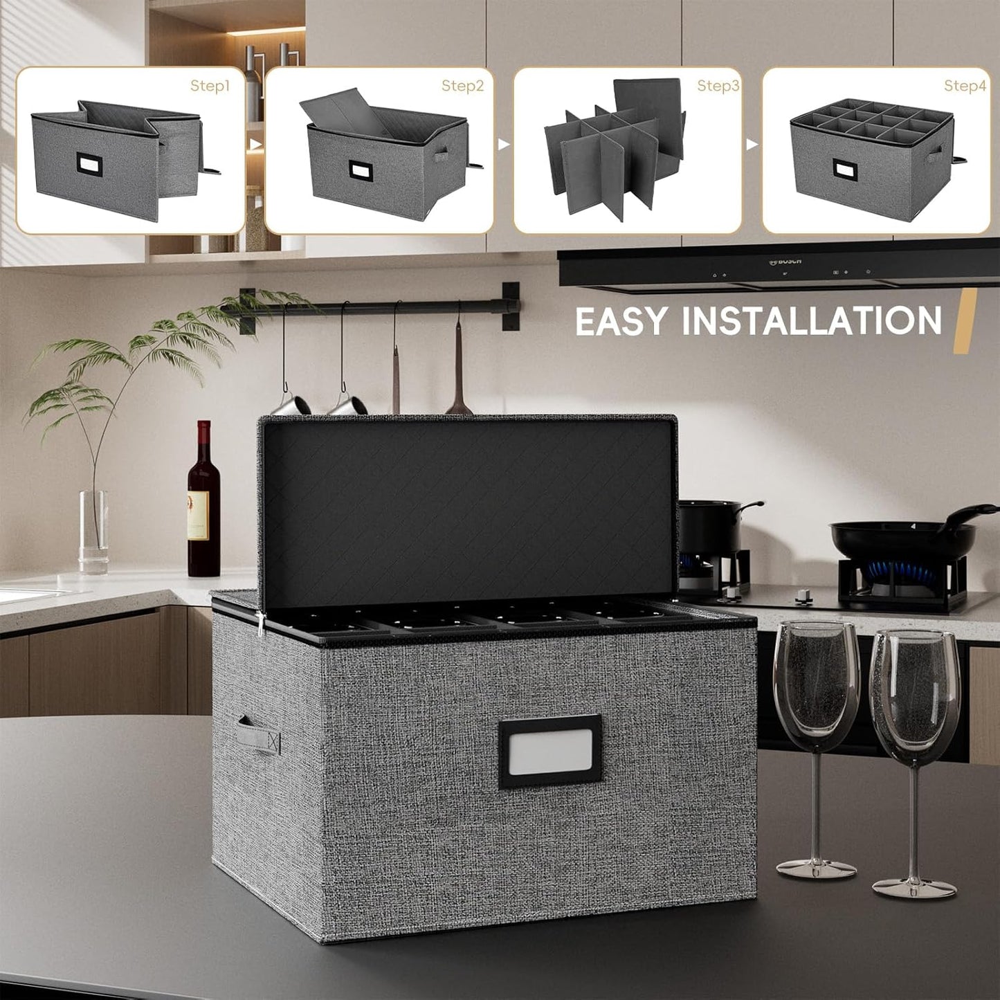 homyfort China Storage Containers (2 Pack Stemware Storage Box, Grey)