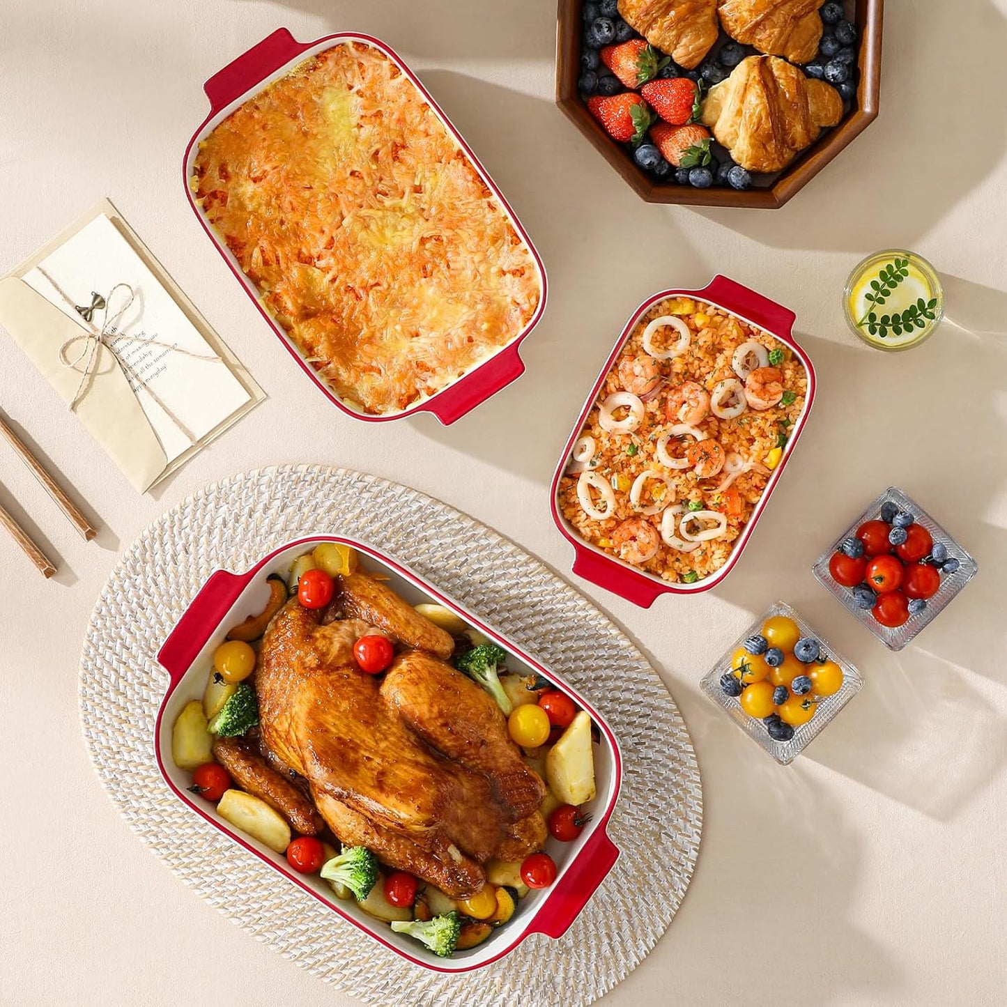 MALACASA Casserole Dishes for Oven, Ceramic Baking Dishes Set of 3, Rectangular Lasagna Pan Deep Baking Pans, Bakeware Sets with Handles Gift Set, White with Red Trim (13.8''/11.7''/9.4''), Series BAKE