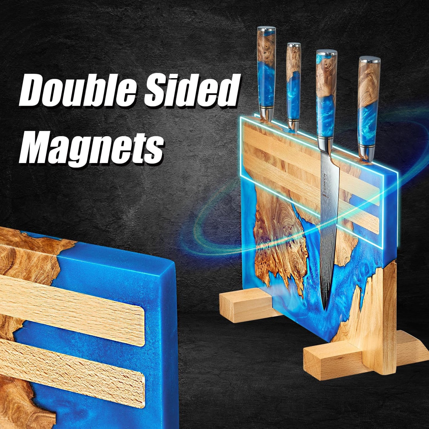 SENKEN "Tsunami" Extra Large Magnetic Knife Block - Holds Up to 16 Knives - Knife Block without Knives, Universal Knife Holder, Beautiful Blue Resin & Natural Wood Blend ("Tsunami" Blue Resin Blend)