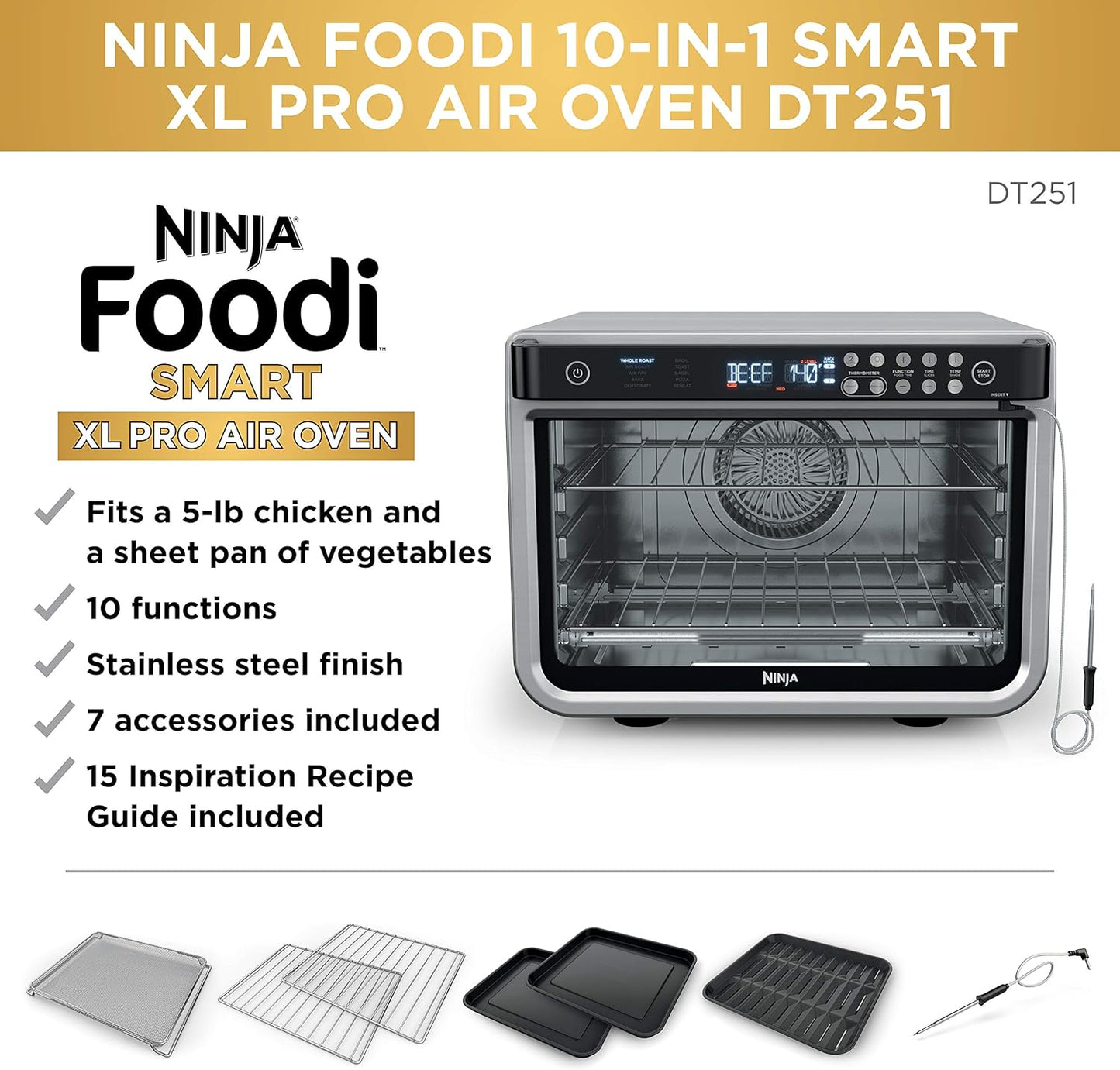 NINJA DT251 Foodi 10-in-1 Smart Air Fry Digital Countertop Convection Toaster Oven with Thermometer XL Capacity and a Stainless Steel Finish (Renewed)