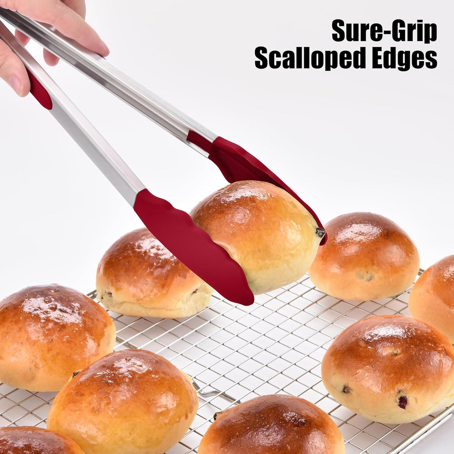 Doosu Kitchen Tongs for Cooking - 600°F Heat Resistant Food Tong Set with Non-Scratch Silicone Tips, Heavy Duty Stainless Steel Locking Tong for BBQ, Grilling Steak, Serving Salad (7+9+12in, Red)