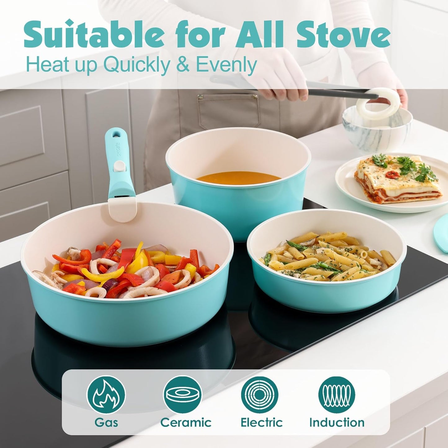 SENSARTE 17 Piece Ceramic Pots and Pans Set, Nonstick Detachable Handle Cookware, Induction Kitchen Cookware Set with Removable Handle, Dishwasher & Oven Safe (Turquoise)