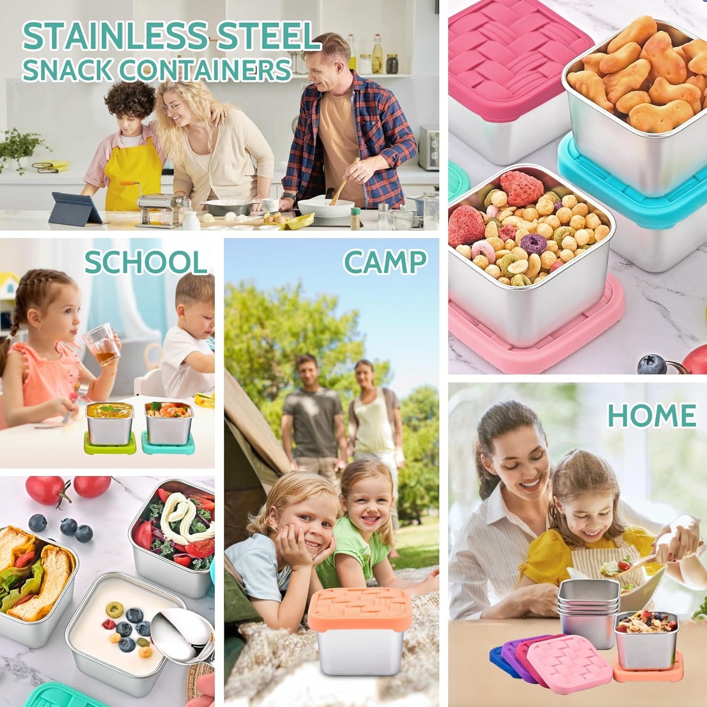 4PC 6oz Stainless Steel Snack Containers for Kids, BPA-Free Metal Toddler Snack Containers with Silicone lids, Leakproof Reusable Lunch Containers for School, Travel, Bento, Daycare