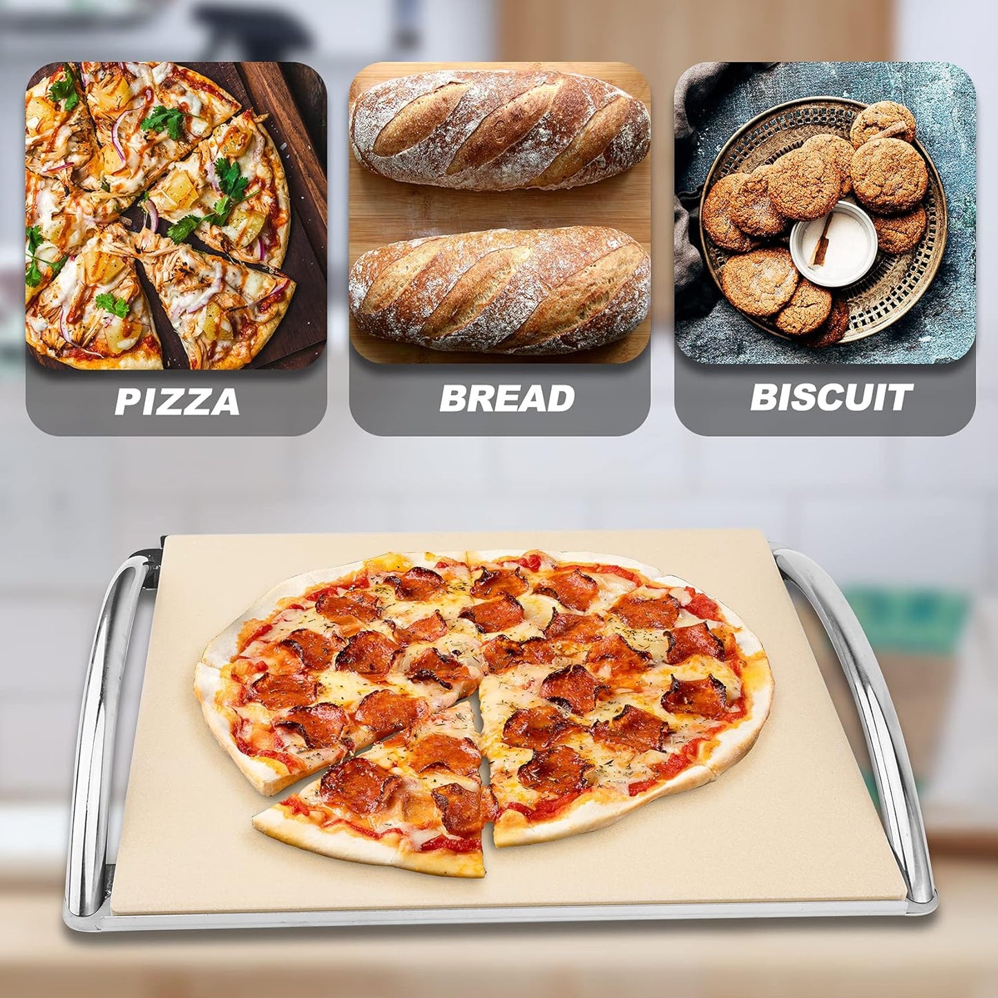 Skyflame 16” Rectangle Pizza Stone and Stainless Steel Rack with Handle, Heavy Duty Baking Stone Ideal for Most Charcoal/Gas Grills, Pizza Oven and Smoker