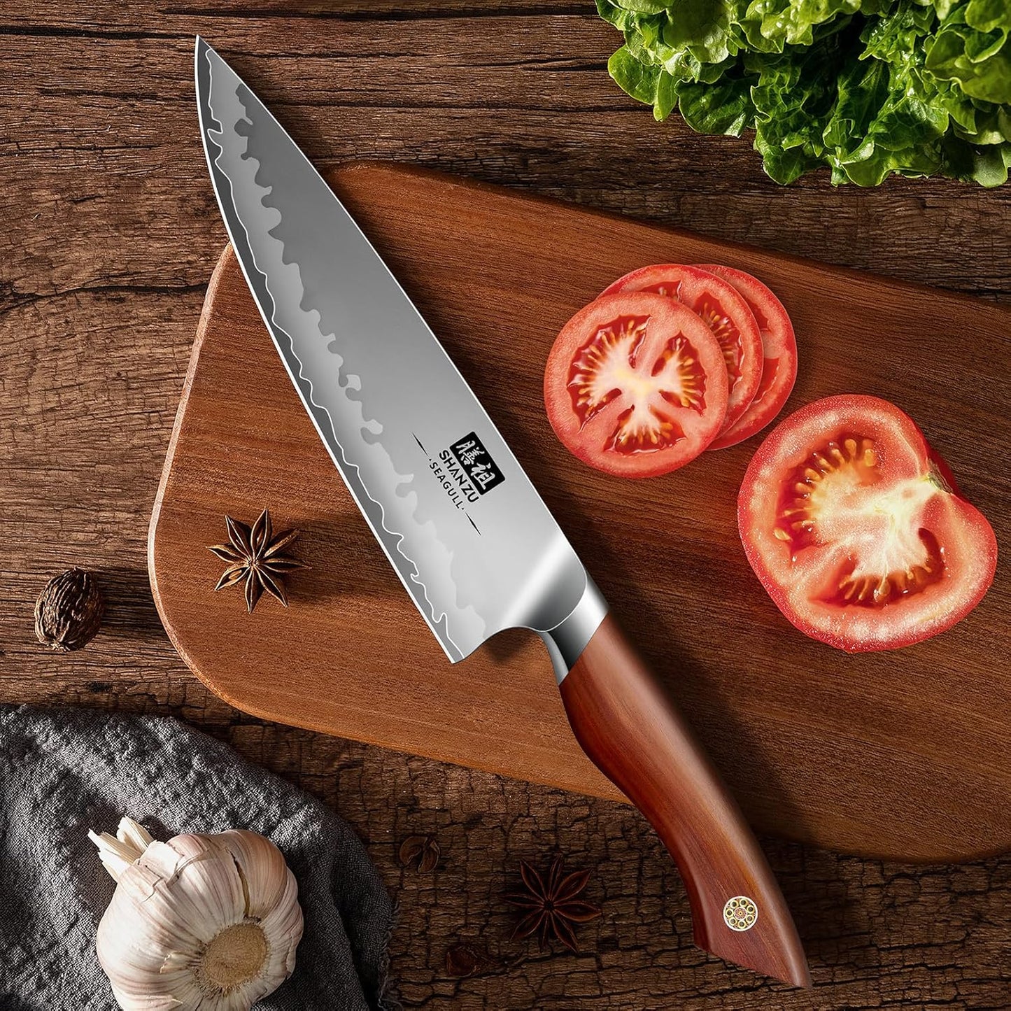 SHAN ZU Chef Knife 8 Inch, American S35VN Powder Steel Sharp Kitchen Knife, Professional Cooking Knife with Ergonomic Red Sandalwood Handle, Meat Cutting Gyuto Knife, Gifts for Women & Men