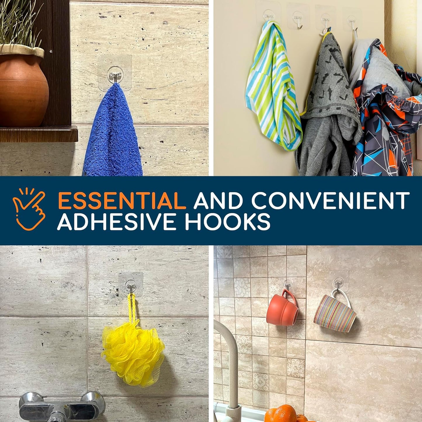 GLUIT Adhesive Wall Hooks for Hanging Heavy Duty 22 lbs Hooks for Walls No Damage, Towel Sticky Clear Hooks, Waterproof, Home, Bathroom, Kitchen, Office, and Outdoor, 40 Pack