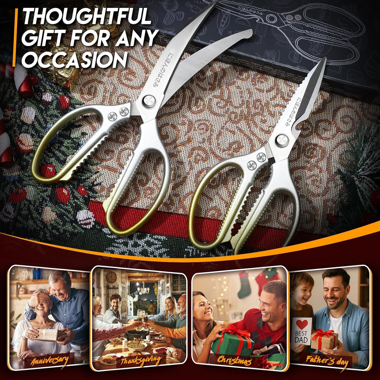 TIJERAS Kitchen Scissors Set Gold - Stainless Steel Kitchen Shear, Sharp Meat Scissors Dishwasher Safe, Heavy Duty Poultry Shears, Japanese Cooking Scissor for Food, Chicken Bones, and Turkey