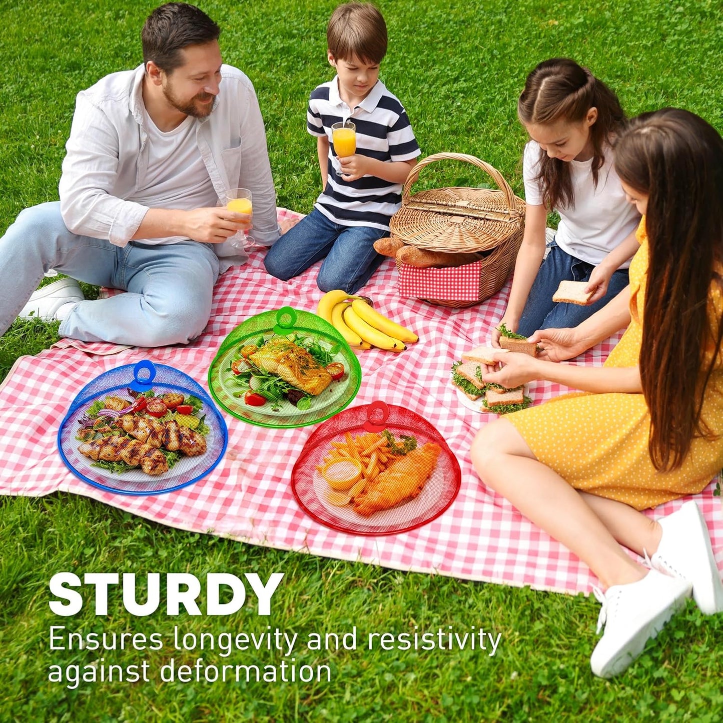 Metal Mesh Screen Food Cover Tent Umbrella, 10.75 inch, Reusable Outdoor Picnic Food Covers Mesh, Food Cover Net Keep Out Flies, Bugs, Mosquitoes (3 Pack, Green Blue Red)