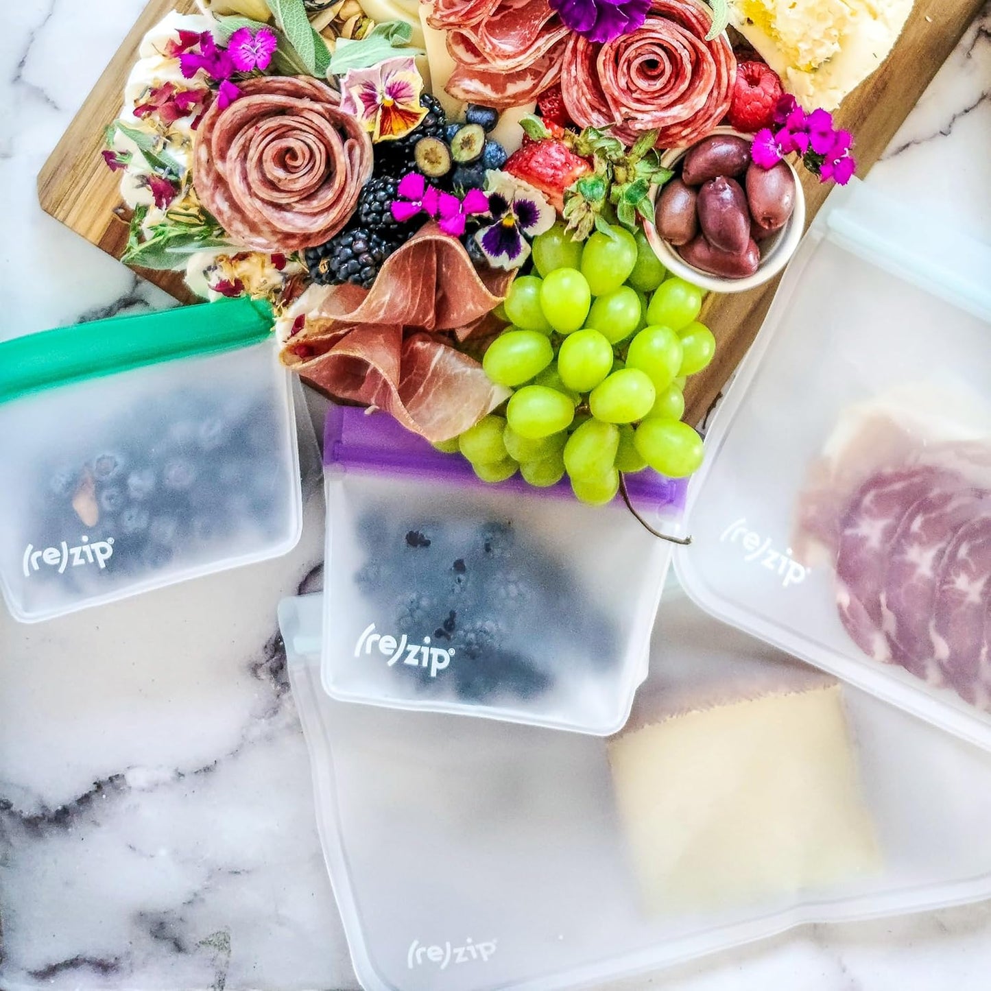 (re) zip 5-pack Stand-Up Reusable Bags | BPA-Free, Food Grade, Leakproof, Freezer and Dishwasher Safe | 5 Snack-Size Bags (1-Cup / 8-Oz) | Jewel Tones for Easy Organization