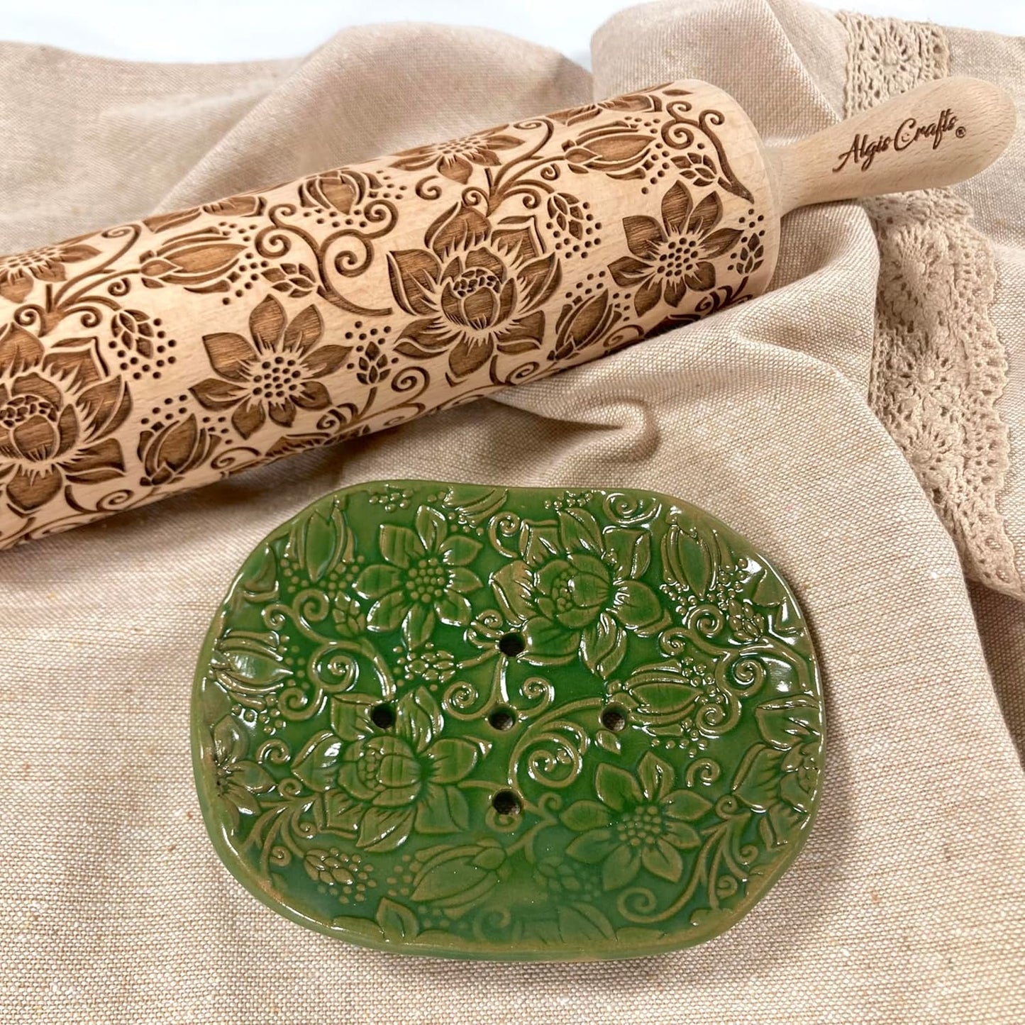 LOTUS embossing rolling pin with Lotus flower Pattern. Dough roller for embossed cookies and Pottery by Algis Crafts