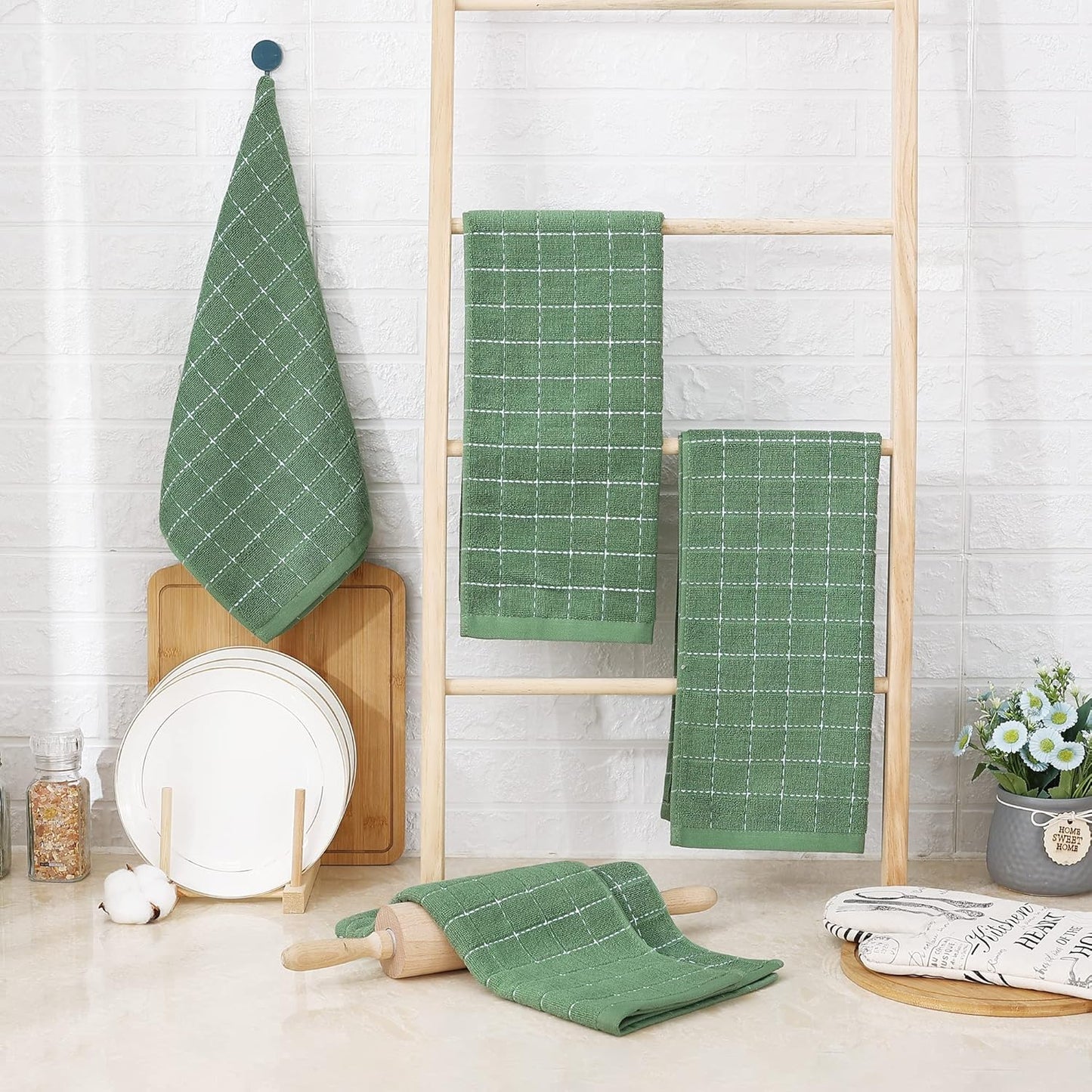 Homaxy 100% Cotton Terry Kitchen Towels(Grass Green, 13 x 28 inches), Checkered Designed, Soft and Super Absorbent Dish Towels, 4 Pack