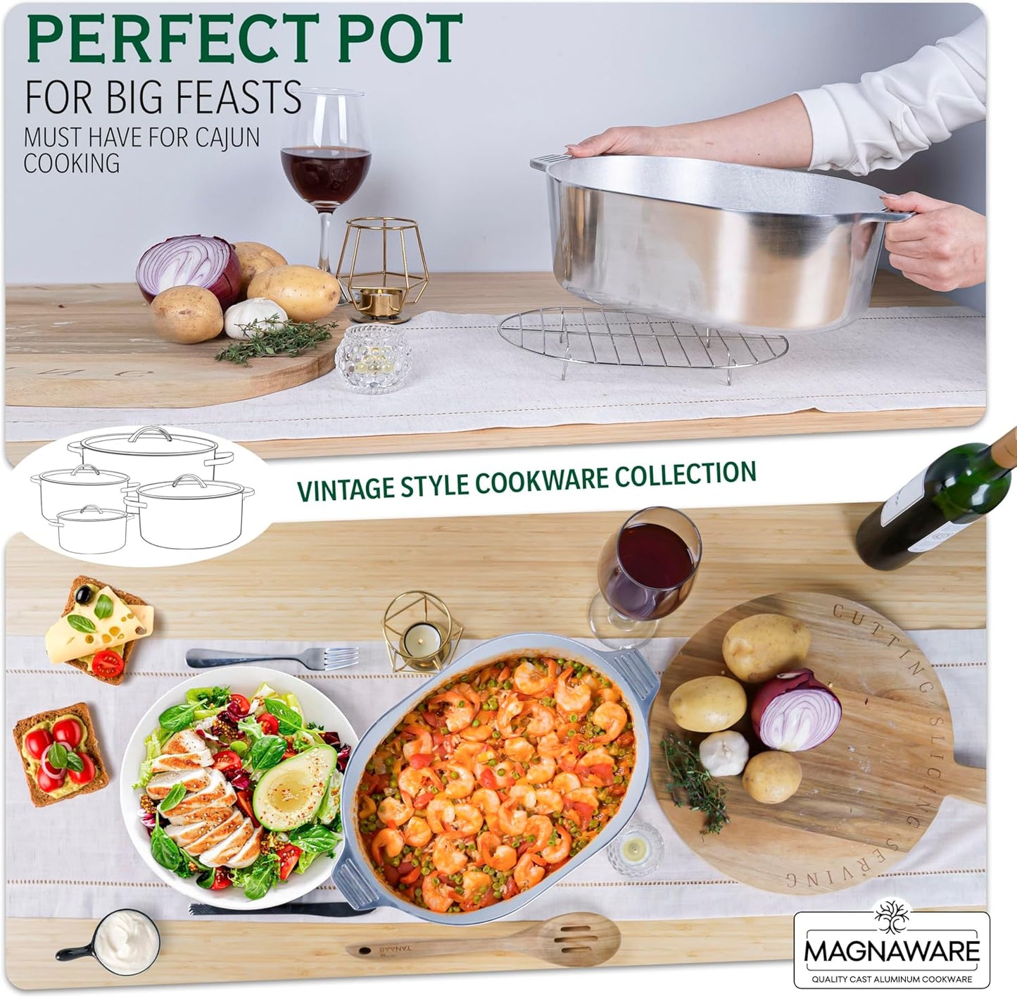 Cast Aluminum Oval Dutch Oven with Lid — 8 QT Heavy Duty Roaster Pan with Rack & Silicone Cover Dual Handles — Cajun Cookware for Roasting, Baking, Cooking (13" Medium)