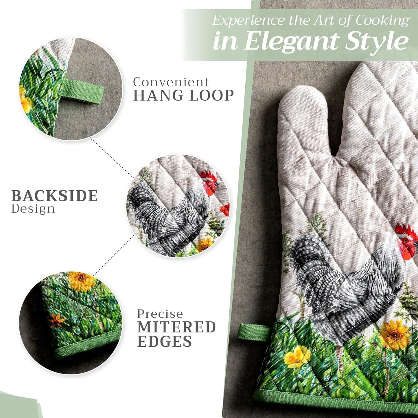 Maison d' Hermine Oven Gloves 100% Cotton Oven Mitt 7" x 13" with Loop Heat Resistant, BBQ, Cooking Gloves, Baking, Grilling, Kitchen, Handling Hot Pans Spring/Summer (Pack of 1, Basse Cour)