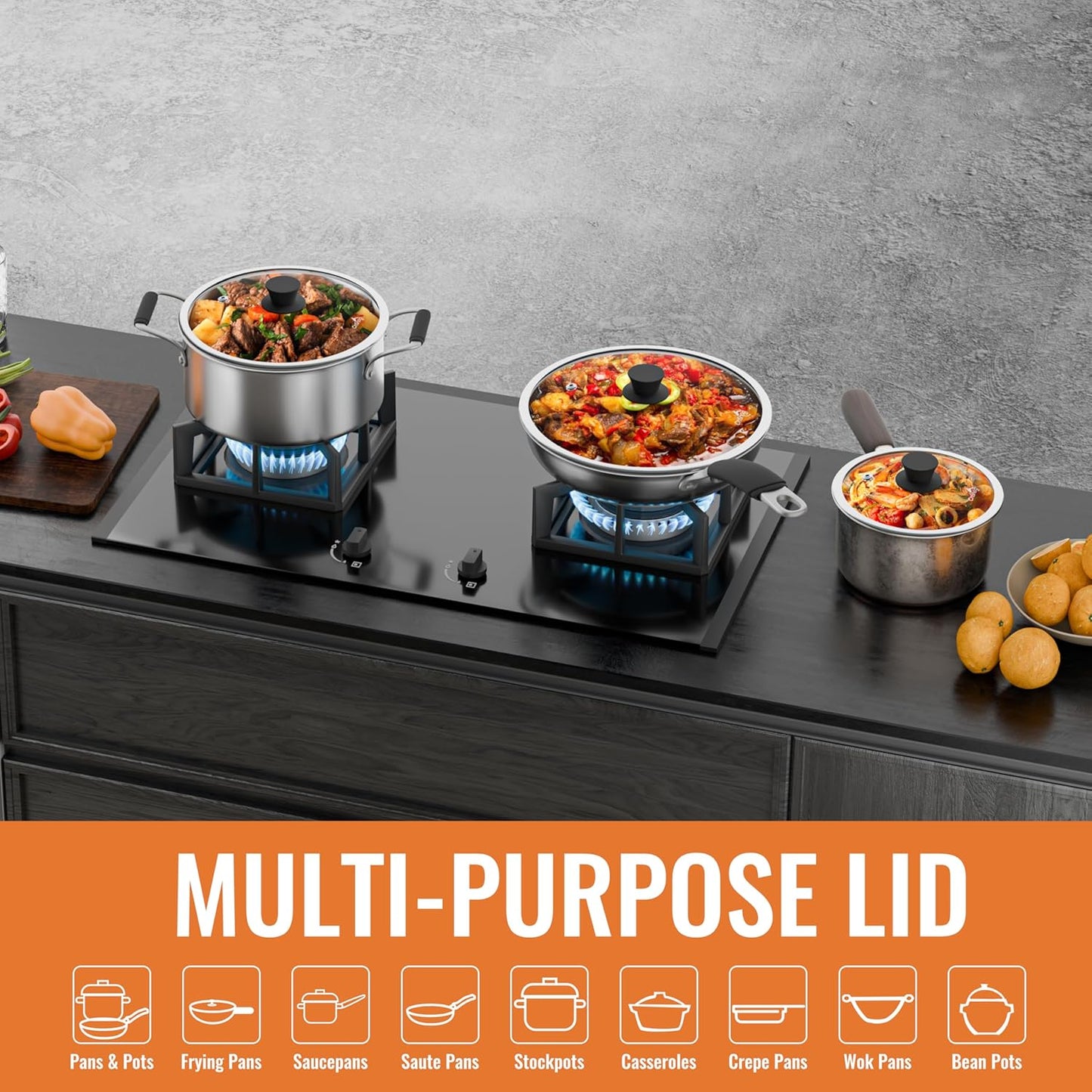 12 Inch Pan Lid For Pots Pans and Skillets, Cast Iron Skillet Lid, Large Tempered Glass Frying Pan Lids/Pot Cover Replacement, Crock Pot Lids with Wide Stainless Steel Rim, Cookware Lids Cover