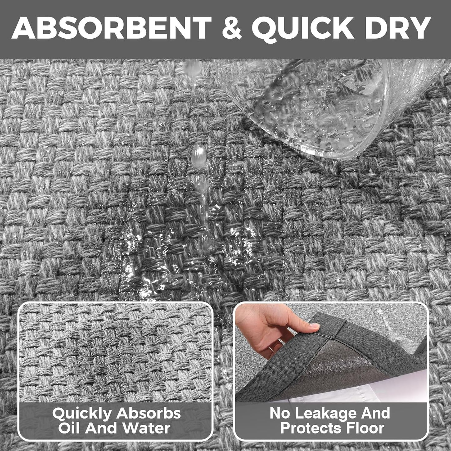 Kitchen Rugs Non Slip Washable, 0.4" Thick Anti Fatigue Cushioned Kitchen Mats for Floor, Super Absorbent Jute-Look Kitchen Sink Mat Standing Mat Office, Laundry, Easy Care, Gray 17"x47"