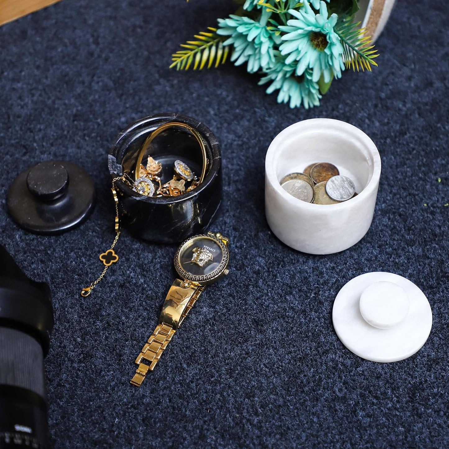 Marble Salt Cellar With Lid- Pack Of 2 Marble Salt And Pepper Bowls- Salt Holder With Lid To Put Salt, Paprika, Pepper, And Spice (White & Black, Style 01)