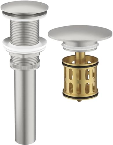 Bathroom Pop up Drain Without Overflow, Anti-Clogging Vessel Sink Drain Strainer, Pop Up Drain with Detachable Basket, Hair Catcher Bathroom Sink Drain Stopper(Brushed Nickel, No Overflow)
