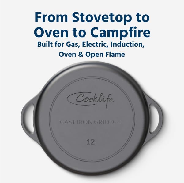 COOKLIFE 12 Inch Lightweight Pre-Seasoned Cast Iron Griddle with Cleaning Kit - Smooth Polished Surface, Easy to Clean Cast Iron skillets Use in the Oven, on the Stove or Grill, Over a Campfire