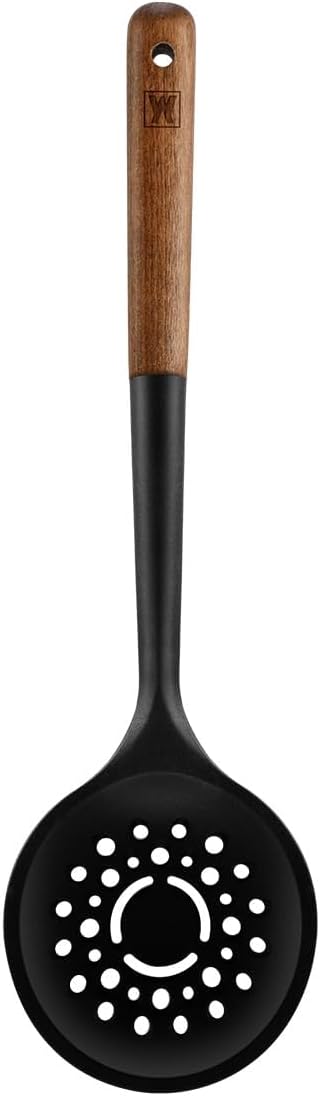 Silicon Cooking Skimmer Ladle with Wooden Handle: Slotted Cooking Spoon for Deep Frying Food, Food Separator, Heat Resistant, BPA Free, Gentle Head Design for Non-Stick Cookware