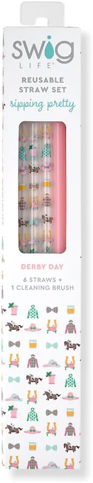 Swig Life Reusable Straws Derby Day + Blush Tall Straw Set & Cleaning Brush, Each Straw is 10.25 inch Long (Fits Swig Life 20oz Tumblers, 22oz, and 32oz Tumblers)