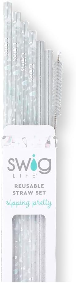 Swig Life Reusable Straws Bride to Be + Silver Glitter Tall Straw Set & Cleaning Brush, Each Straw is 10.25 inch Long (Fits Swig Life 20oz Tumblers, 22oz, and 32oz Tumblers)