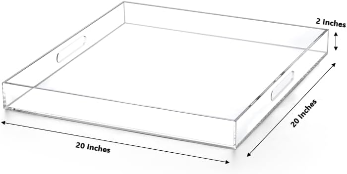 Clear Acrylic Ottoman Tray with Cutout Handles 20x20 Inch Over Sized Serving Tray, Organizer Rubber Boot Tray Decorative for Living Room Bedroom,Bathroom and Entryway Kitchen Tabletop