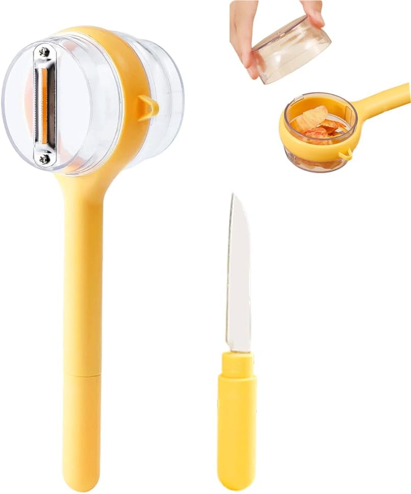 3 in 1 Peeler with Container, 2025 New Stainless Steel Peelers with Container with Handle Fruit Knife, Multifunctional Vegetable Peelers for Home Kitchen (Yellow)