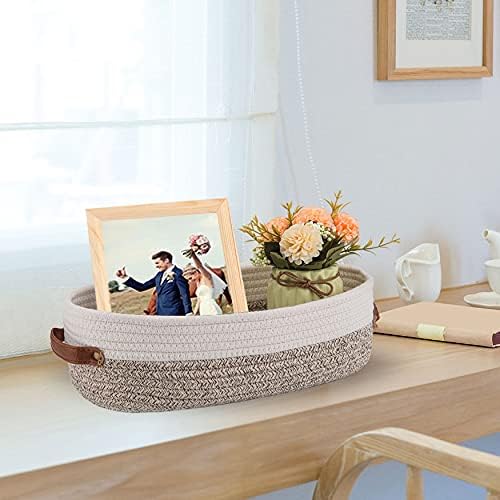 Woven Storage Basket for Toilet Tank Top,Farmhouse Home Decor Organizing Basket for Bathroom,Table and Counter 13"x5.9"x4" Apricot Stitching White
