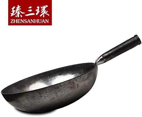臻三环 ZhenSanHuan Chinese Hand Hammered Iron Woks and Stir Fry Pans, Non-stick, No Coating, Carbon Steel Pow (36CM, Silver - Not Seasoned)