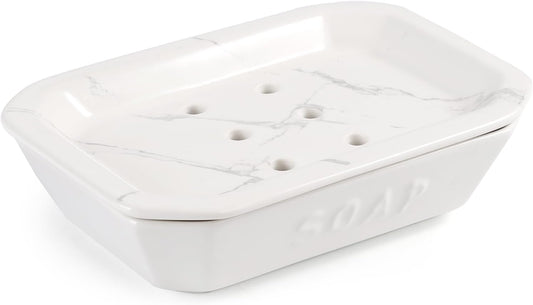 Soap Dish, Ceramic Self-draining Soap Holder, Double Layer Bar Soap Holder with Drain, Soap Dishes for Bathroom Shower Kitchen, Easy to Clean Keep Soap Dry, Off-white with Marble Pattern, ANTIS'S HOME