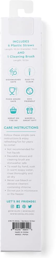 Swig Life Reusable Straws Rainbow Glitter Straw Set & Cleaning Brush, Each Straw is 10.25 inch Long (Fits Swig Life 20oz Tumblers, 22oz, and 32oz Tumblers)