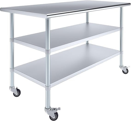 Stainless Steel Work Table with 2 Shelves and Casters | Metal Utility Table On Wheels (60" Long x 30" Deep)