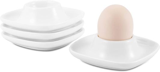 Flexzion Soft Boiled Egg Holder Set - 4-Piece White Ceramic Egg Cup, Stackable Egg Coddler Cups with Base for Serving, Breakfast, Brunch - Kitchen Table Decor, White
