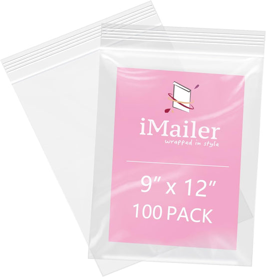 iMailer - 100 Pcs- 9" x 12" Clear Zip Bags - Reclosable Plastic Zip Poly Bags for A4, Letter Sized Documents, Clothing