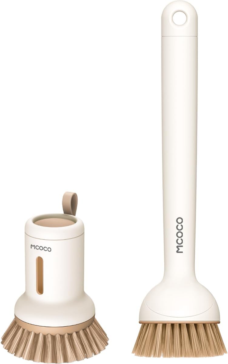 Dish Brush Set with Soap Dispensing Palm Brush Dish Scrub Brush with Soap Dispenser Palm Dish Brush Kitchen Cleaning Brush with Ergonomic Long Handle for Cleaning Sink, Pot, Pan, Stove, Yellow