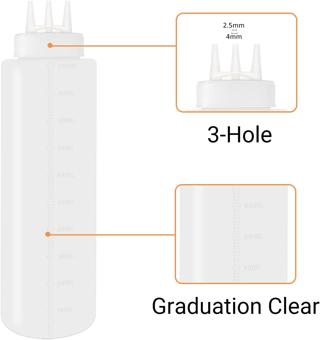 4 Pack 32oz/1000ml Plastic Squeeze Bottles 3-Hole Squirt Condiment Bottles Tomato Sauce Dispensers for Ketchup BBQ Dressing Paint Workshop Pancake Art Craft with 8 Chalk Labels and 1 Pen
