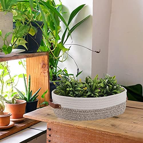 Woven Storage Basket for Toilet Tank Top,Farmhouse Home Decor Organizing Basket for Bathroom,Table and Counter 13"x5.9"x4" Apricot Stitching White