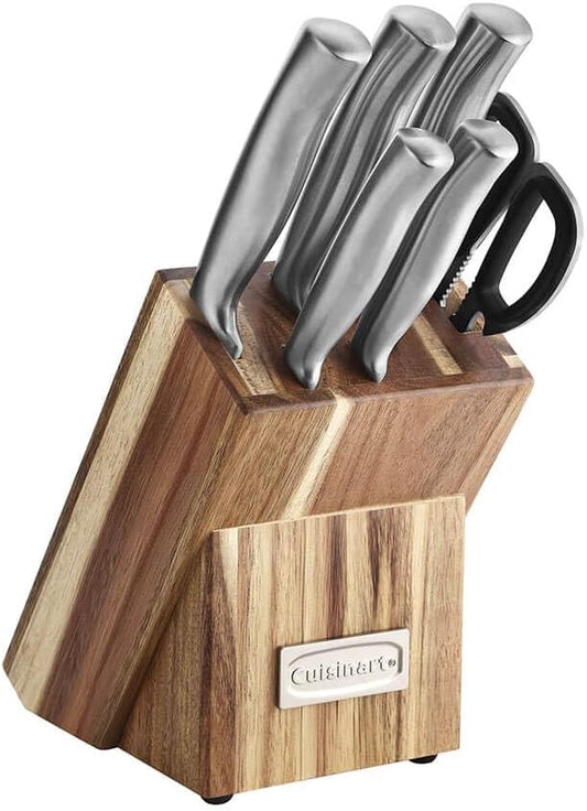 Cuisinart C77SS-7P Stainless Steel 7-Piece Prep Knife Set Acacia Block Precision Cut Blades, Ergonomic Handles