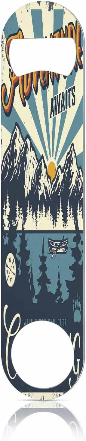 Adventure Awaits Stainless Steel Bottle Opener Vintage Canoe Boat Forest and Mountains Landscape Flat Beer Bottle Opener Keychain for Home Kitchen Bar Restaurant Party Birthday Gift