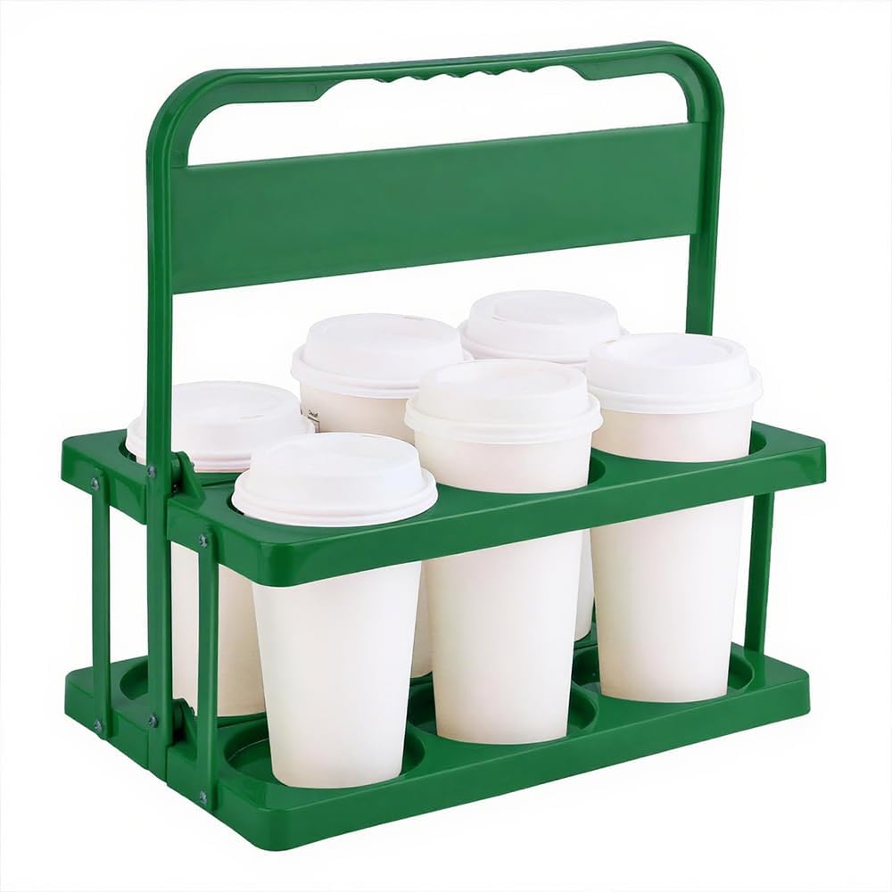 Bodaon 6 Cup Drink Carrier with Handle, Plastic Cup Holders for GrubHub/Doordash Delivery, Reusable Foldable Car Drink Caddy, Leakproof Food Delivery Accessories, 360° Secure Grip, Green