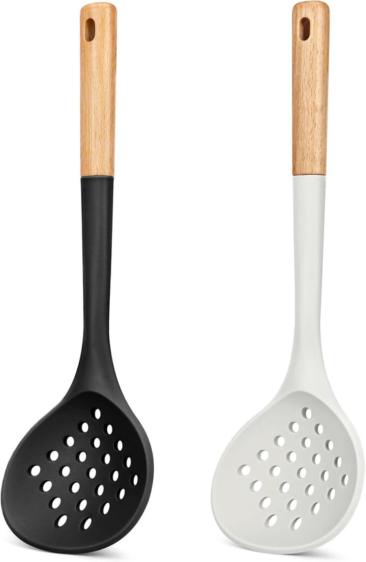 Kitchen Ladle Strainer, Large Slotted Spoon with High Heat Resistant BPA Free, Non Stick Cooking Skimmers For Draining & Frying, 13.2inch (Black & White)