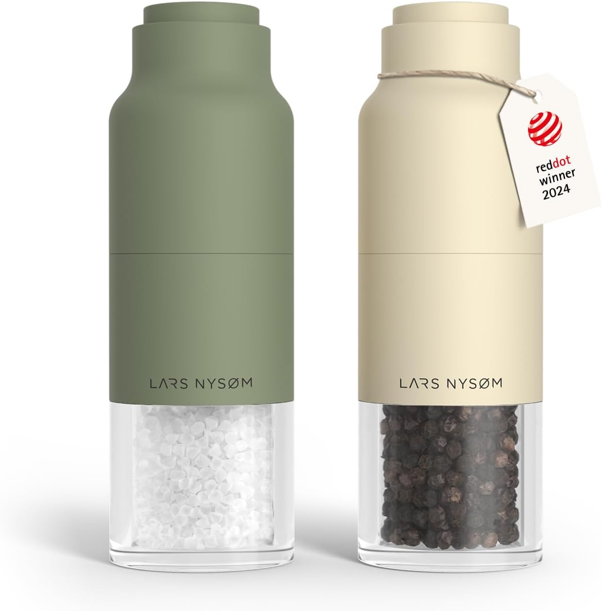 LARS NYSØM Salt and Pepper Grinder Set, Stainless Steel Manual Salt and Pepper Mills, Adjustable Ceramic Grinder, Design Spice Shakers (Green/Beige)