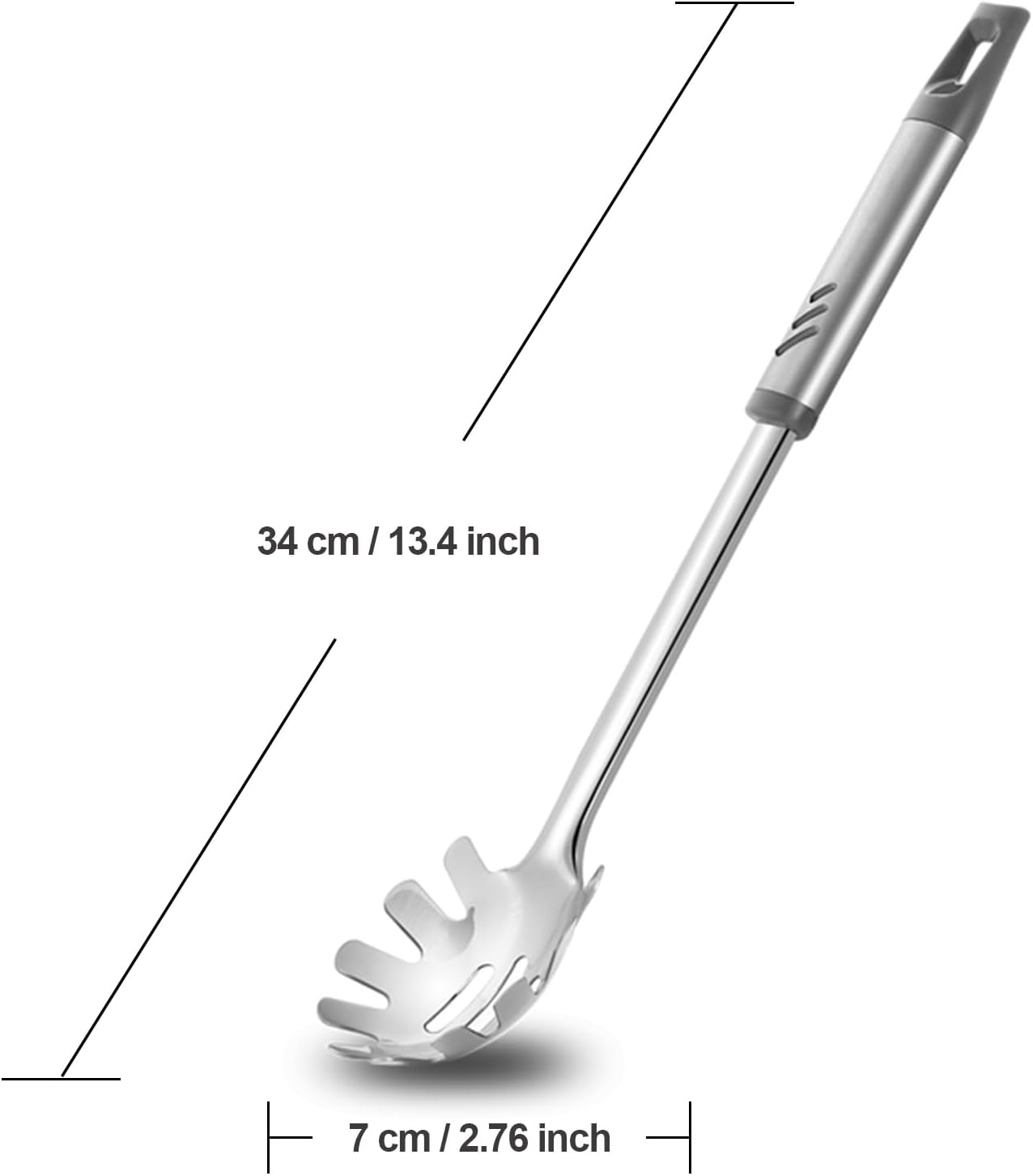 Spaghetti Spoon, Stainless Steel Pasta Fork for Serving and Cooking, 13.4 Inch Pasta Spoon with Teeth for Noodles, Ramen and Tagliolini, Comfortable Grip Design, Silver