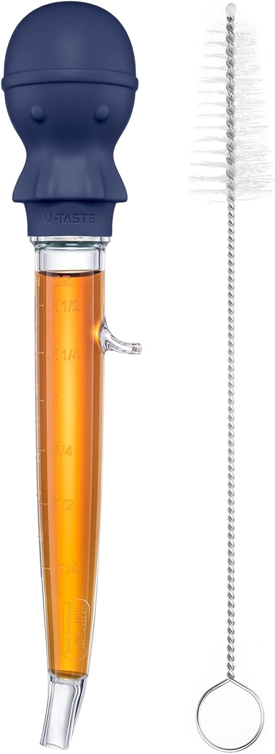 U-Taste 1.5oz Angled Turkey Baster - 228.2ºF Heat Resistant Food Grade Tritan and Silicone Large Octopus Bulb Baster Set with Cleaning Brush for Cooking Basting Meat Poultry Chicken (Midnight Blue)